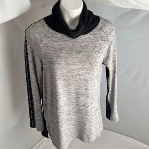 Kay Celine heather gray black colorblock gunmetal grommets cowl neck knit top